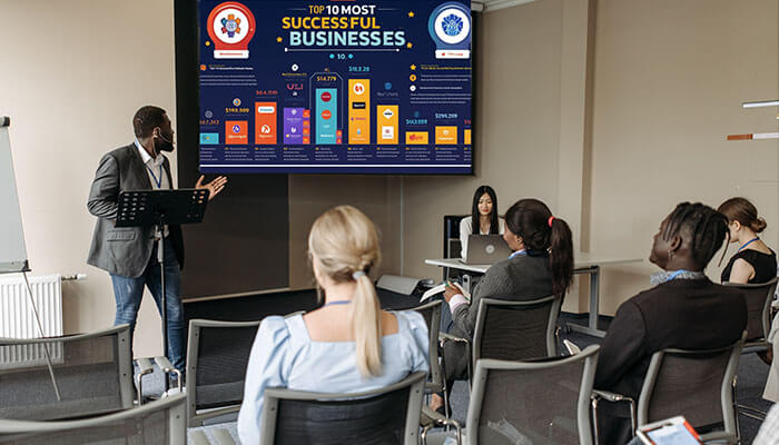 A business presentation in progress with a presenter standing in front of a screen displaying the 