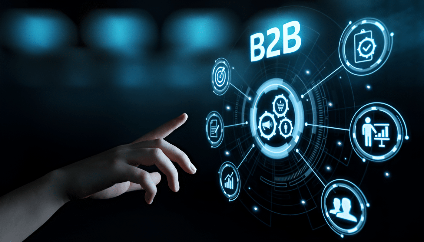 Visual representation of B2B concepts with digital icons, emphasizing the role of B2B branding and performance marketing strategies in modern business development.