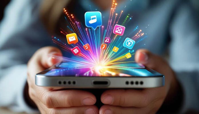 “Person holding a smartphone with colorful digital app icons bursting out of the screen, symbolizing digital tools for everyday living and productivity