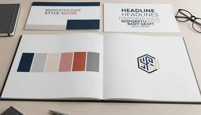 Brand style guide with typography, color palette, and logo design for aesthetic practice marketing, highlighting consistent clinic branding strategies