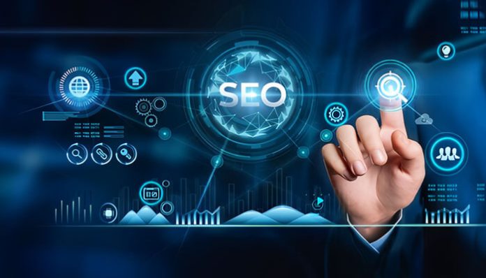 Enterprise SEO strategy concept with digital interface icons, business analytics, and a person touching a virtual search optimization button.