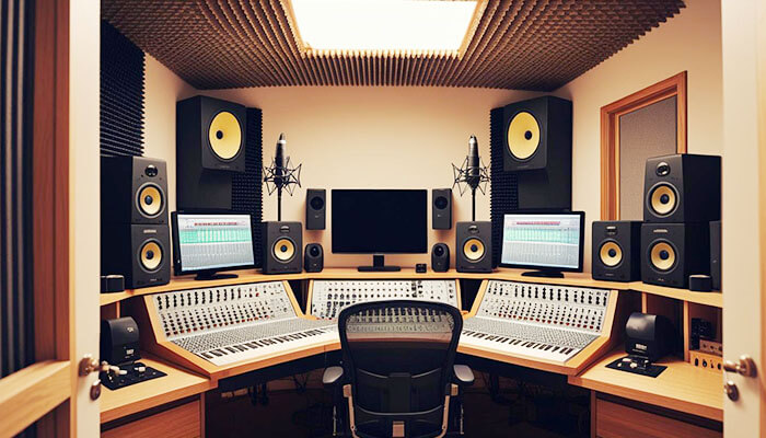 A professionally equipped home recording studio with soundproofing, multiple monitors, and audio mixing consoles.