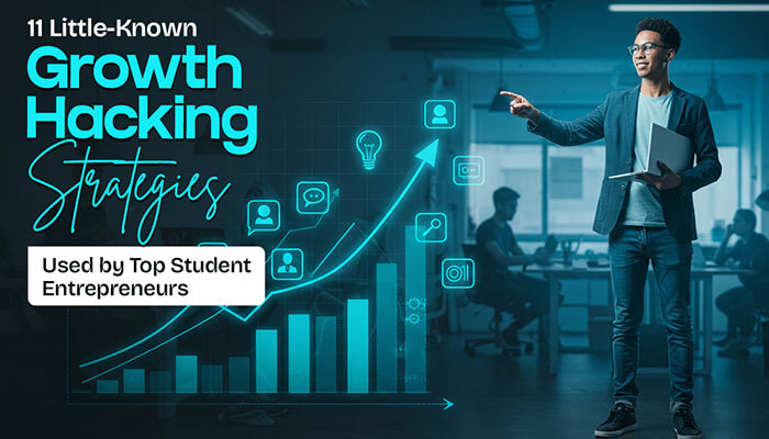 A student entrepreneur presenting growth hacking strategies with a digital chart showing progress, emphasizing data-driven marketing and business growth.