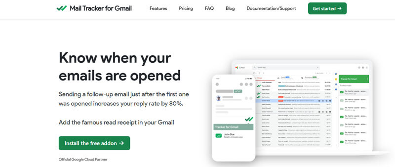 Mail Tracker for Gmail homepage showcasing email read receipt features, a must-have digital tool for everyday living to track opened emails.