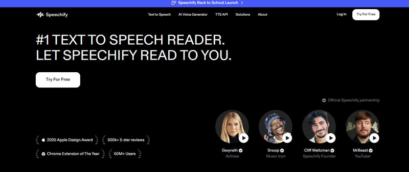Speechify homepage highlighting its text-to-speech features, a powerful digital tool for everyday living that helps users listen to articles, books, and emails.