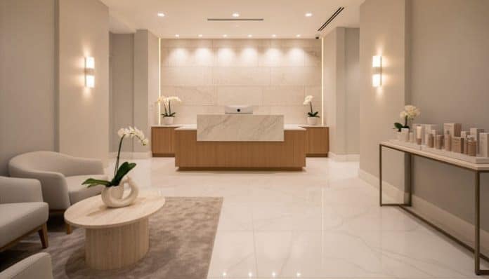 Modern aesthetic practice marketing reception area with elegant interior design, showcasing luxury branding and a welcoming patient experience