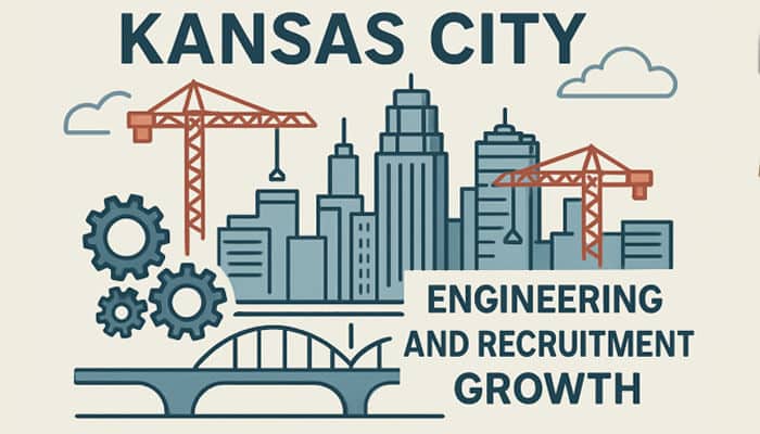 Skyline of Kansas City with cranes, gears, and bridge illustration representing engineering recruiting firms in Kansas City and industry growth.