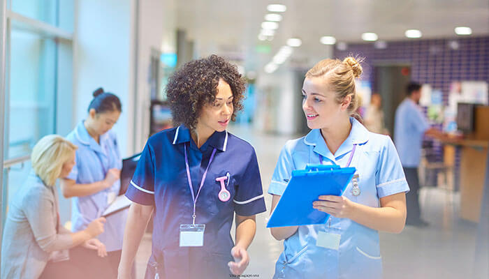 Why Healthcare Employees Are Prime Targets | Startup Editor Two healthcare employees discussing patient care with a clipboard in a hospital hallway, emphasizing the communication and coordination essential in healthcare teams.