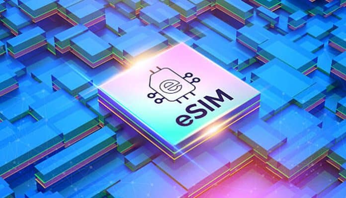A digital chipset graphic representing eSIM technology and modern mobile connectivity.