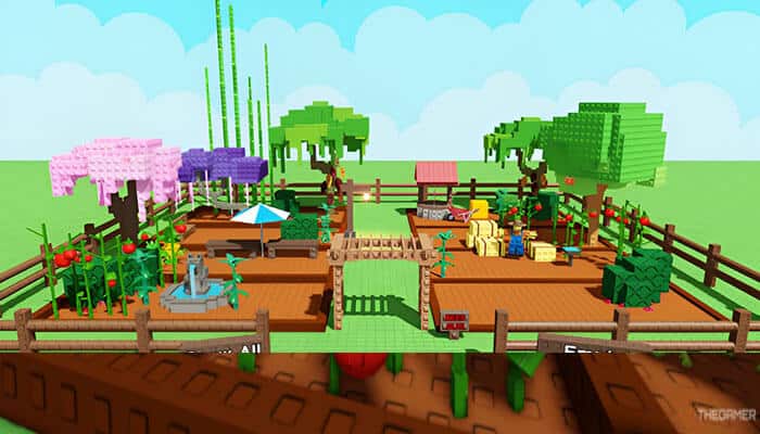 Roblox Grow a Garden farm layout with various colorful plants and trees, highlighting a diverse collection of Money-Making Crops