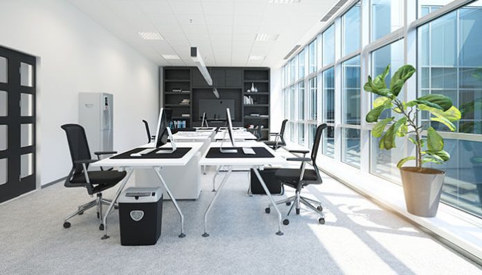 Modern office with ergonomic desks, chairs, natural light, and plants designed to create a healthier, productive workspace.