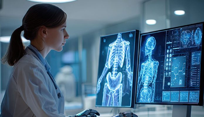 Doctor analyzing digital X-ray images on advanced software, showcasing the role of AI in medical software for accurate diagnostics and healthcare innovation.