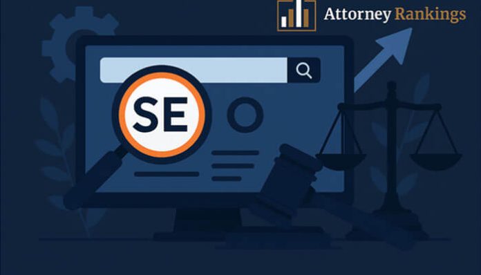 Illustration of Legal SEO with a computer screen showing SEO optimization, magnifying glass, gavel, and justice scale, symbolizing attorney rankings.