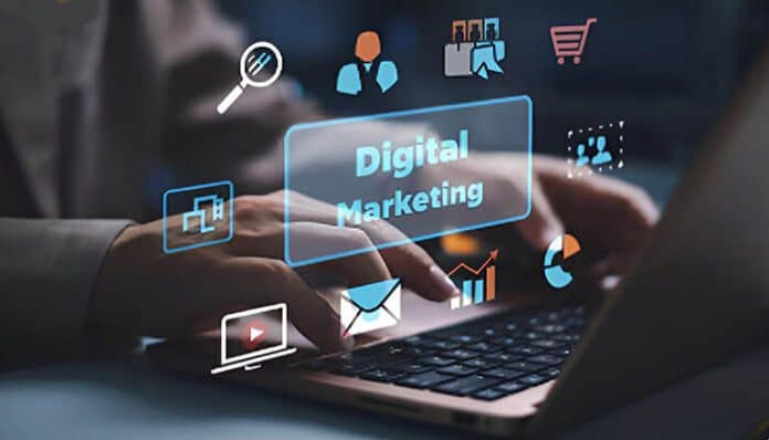 Hands typing on a laptop with digital marketing icons overlayed, representing BrandLume’s innovative approach to online marketing solutions.