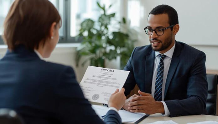 Employer reviewing a diploma certificate during an interview, highlighting the importance of diploma verification in the hiring process.
