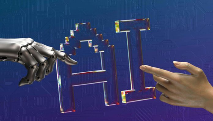 A robotic hand and a human hand reaching towards the letters 'AI,' representing the collaboration between humans and Generative AI in shaping the future of technology.