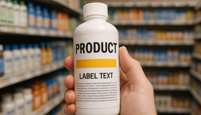 Hand holding a product bottle with label text in a store, highlighting the importance of accurate product labeling for consumer trust