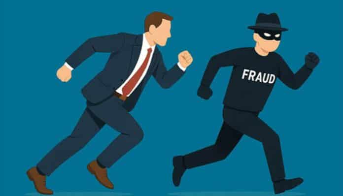 A corporate figure in a suit chasing a person dressed as a criminal with