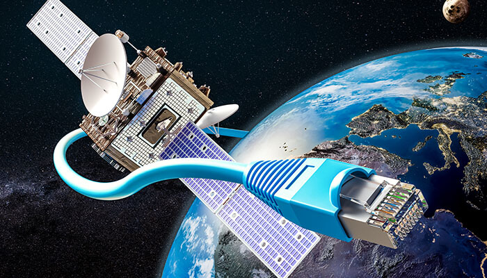 A satellite in orbit is connected to Earth with a network cable, symbolizing satellite internet for small businesses and reliable global connectivity.