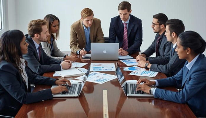 Business team in a strategy meeting discussing smart ad strategies for small business with charts and laptops on the table.