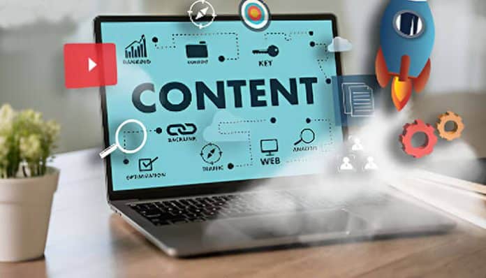 Interactive Content Strategies displayed on a laptop screen with icons representing content creation, video, and digital marketing tools.