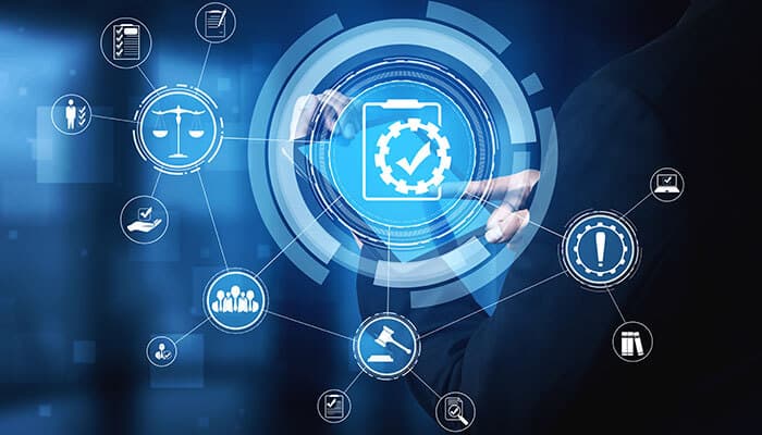 Compliance and Security in Trading Platforms concept with digital icons of regulations, data protection, and financial security on a futuristic interface