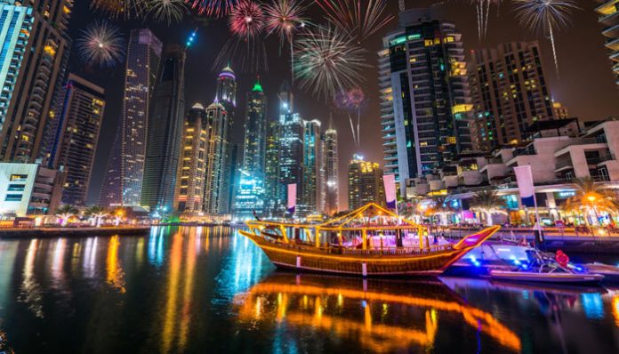 Luxurious Yacht Events with fireworks lighting up the night sky over a marina, showcasing elegance, comfort, and unforgettable celebrations at sea.