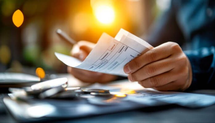 A business professional reviewing financial documents and calculations with coins and papers on a desk, symbolizing decision-making between payroll loan vs personal loan.