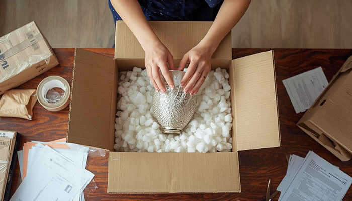 Person carefully placing a decorative silver vase into a box with protective packing peanuts, demonstrating how to pack valuable items safely for moving.