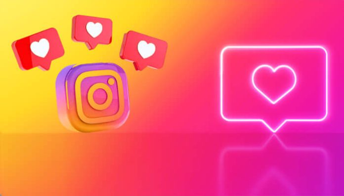 3D Instagram logo with heart icons and neon like symbol on gradient background representing Instagram free likes and engagement.