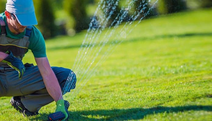 Person watering the lawn, potentially addressing hidden water troubles in the yard related to soil health and septic system maintenance.