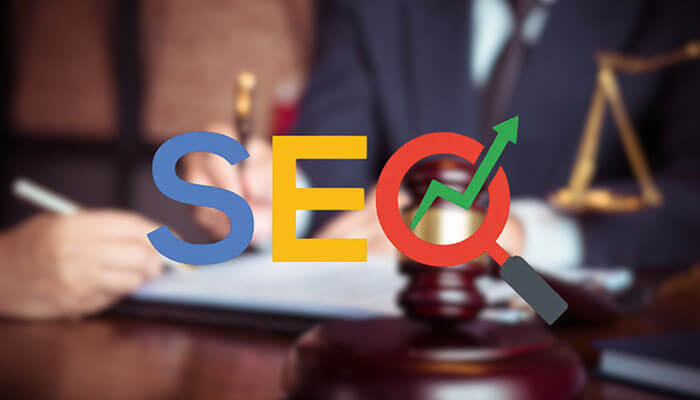 Legal SEO concept showing the word SEO with a magnifying glass and growth arrow, placed over a gavel, scales of justice, and lawyer in the background.