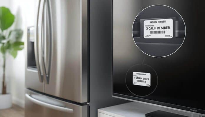 Appliance model number label shown on a refrigerator for easy identification, helping users locate appliance model number for repairs and support