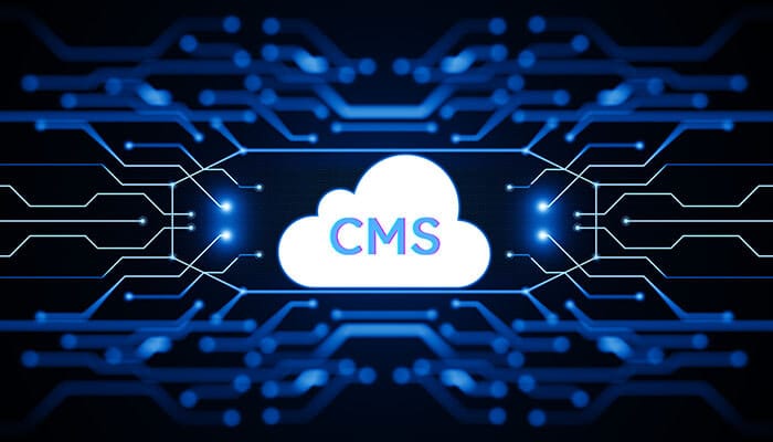 A digital illustration of a glowing cloud labeled โCMSโ surrounded by blue circuit lines, representing cloud-based technology and modern startup website platform solutions for content management.