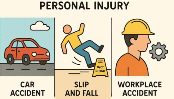 Illustration showing common causes of personal injuries including car accidents, slip and fall incidents, and workplace accidents focusing on safety and prevention.