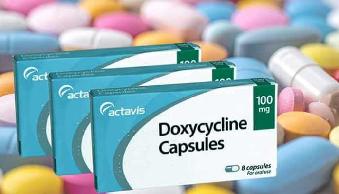 Doxycycline 100mg capsules from Actavis brand showing prescription antibiotic packaging.