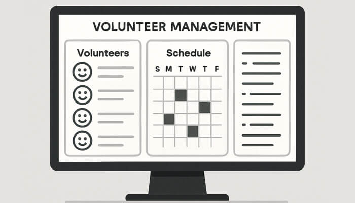 A computer screen displays a volunteer management software interface showing sections for volunteers, a weekly schedule, and task lists to help organize and manage volunteer activities efficiently.