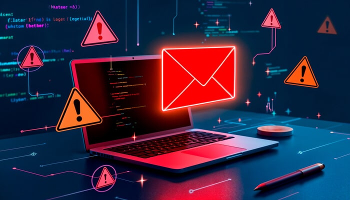 Cybersecurity warning showing phishing email threat on laptop with alert icons representing online data breach risks.