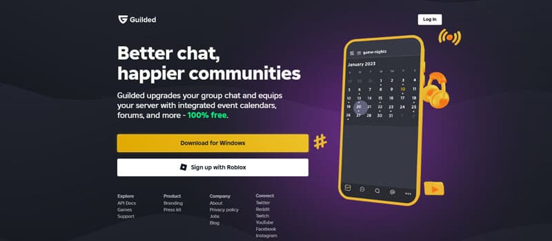 Guilded chat platform interface promoting better group communication with event calendars and gaming community features.