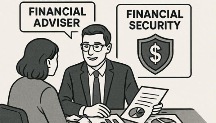 Illustration of Financial Advisers explaining financial security plans to clients with charts, reports, and guidance for better money management.