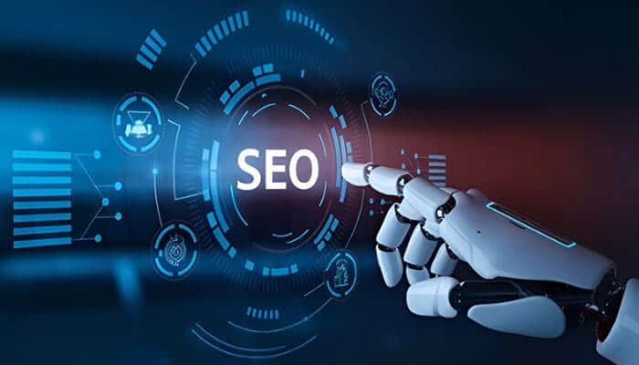 A robotic hand touching a glowing virtual screen with the word SEO, representing how AI SEO Tools for Content Creators use artificial intelligence to optimize search rankings and digital content strategies.