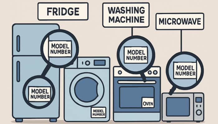 Diagram showing common appliance model number locations on fridge, washing machine, oven, and microwave to help users locate appliance model number easily