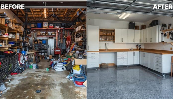 Before and after transformation showing how a messy garage was turned into a clean, organized and functional area with smart storage and efficient design, a perfect example of turning a messy garage into a space you will actually use.