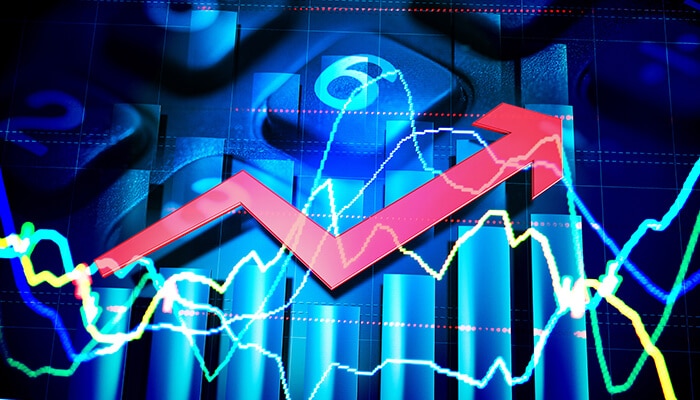 Upward red arrow over bar and line charts representing economic growth and empowerment initiatives for Indigenous communities — promoting Indigenous Awareness in business and development.