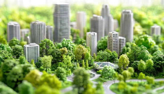 Green city model with buildings and trees illustrating sustainability and innovation in modern Urban Project Planning.