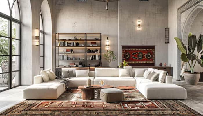 Stylish living room featuring elegant handmade Rugs Dubai that enhance interior design with warmth and sophistication.