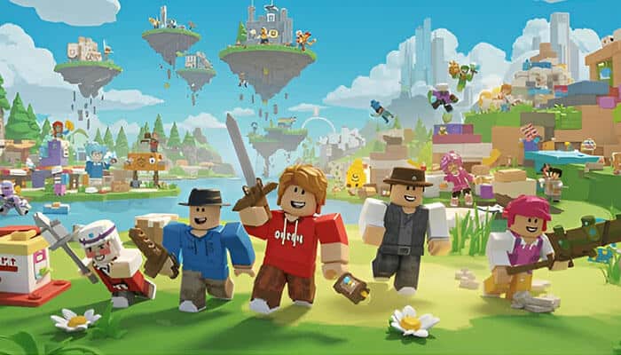 A vibrant scene from classic Roblox games featuring players with swords and tools exploring a colorful world of floating islands, creativity, and adventure.