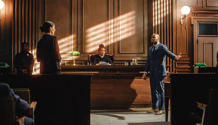 A lawyer passionately presenting a case before a judge in a courtroom, representing how a car accident lawyer defends clientsโ rights and seeks fair compensation after an accident.