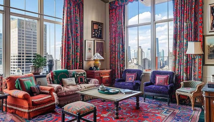 Vibrant Persian-style Rugs Dubai adding texture and color to a luxury apartment interior overlooking the city skyline.