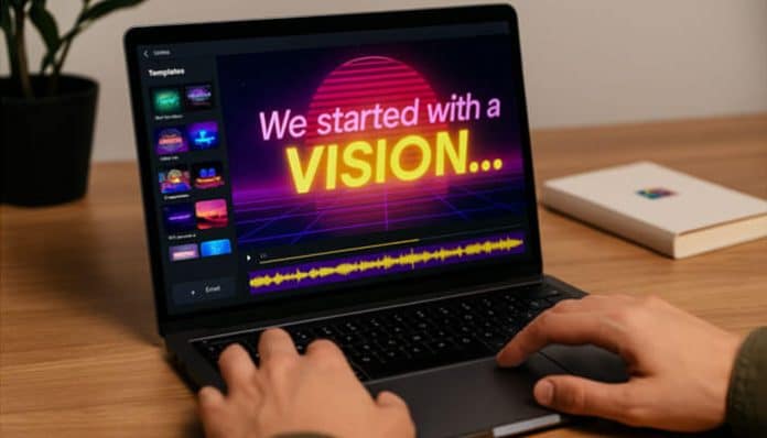 A person creating a vibrant Lyric Video on a laptop, featuring colorful animated text that reads we started with a vision on the screen, symbolizing creativity and branded storytelling.